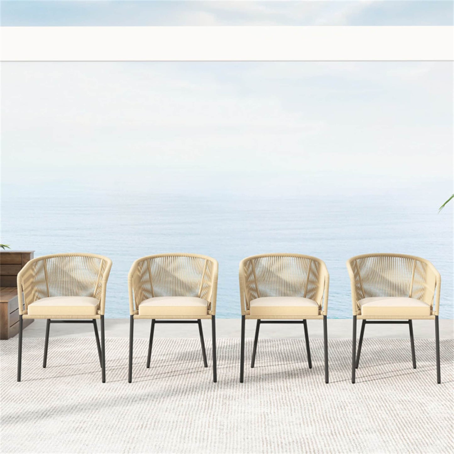 BABOOM Outdoor Chair Set of 4 Woven Black Metal Frame Stationary Conversation Chair with Off-white Cushioned Seat