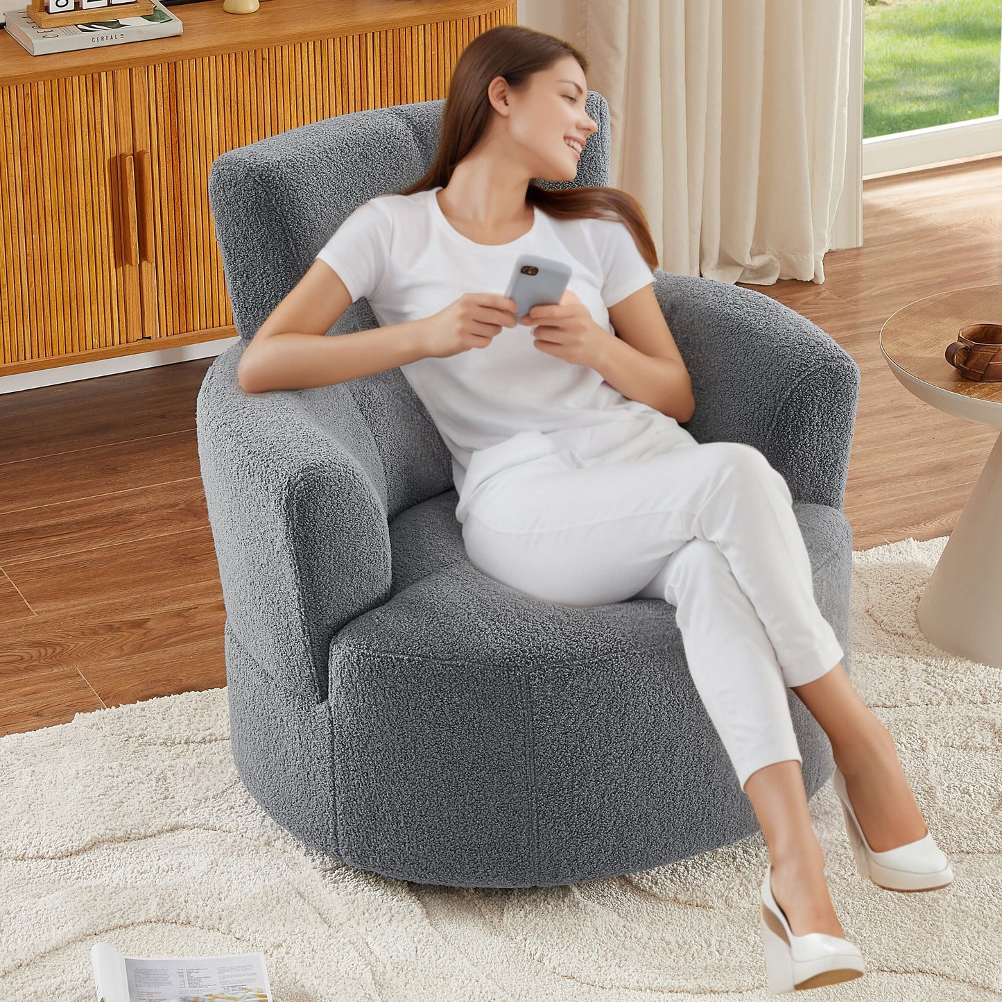 ModernLuxe 360° Swivel Chair Upholstered Accent Barrel Chair Swivel Round Sofa Chair with Adjustable Headrest for Living Room Bedroom Office and Hotel Grey