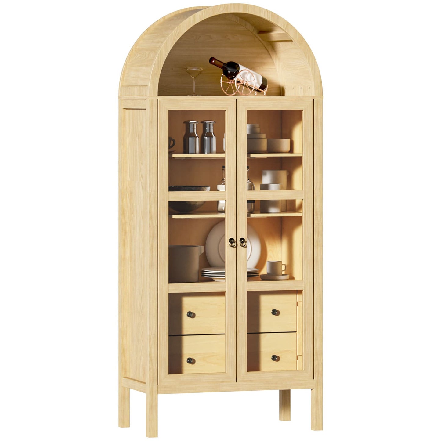 LOVMOR 72 Inches Tall Modern Farmhouse Arched Cabinet with Glass Doors and Auto Sensor Light Arch Storage Cabinet with Height Adjustable Shelf and 2 Drawers(WoodÃâ€Ã‚ºÃ¢