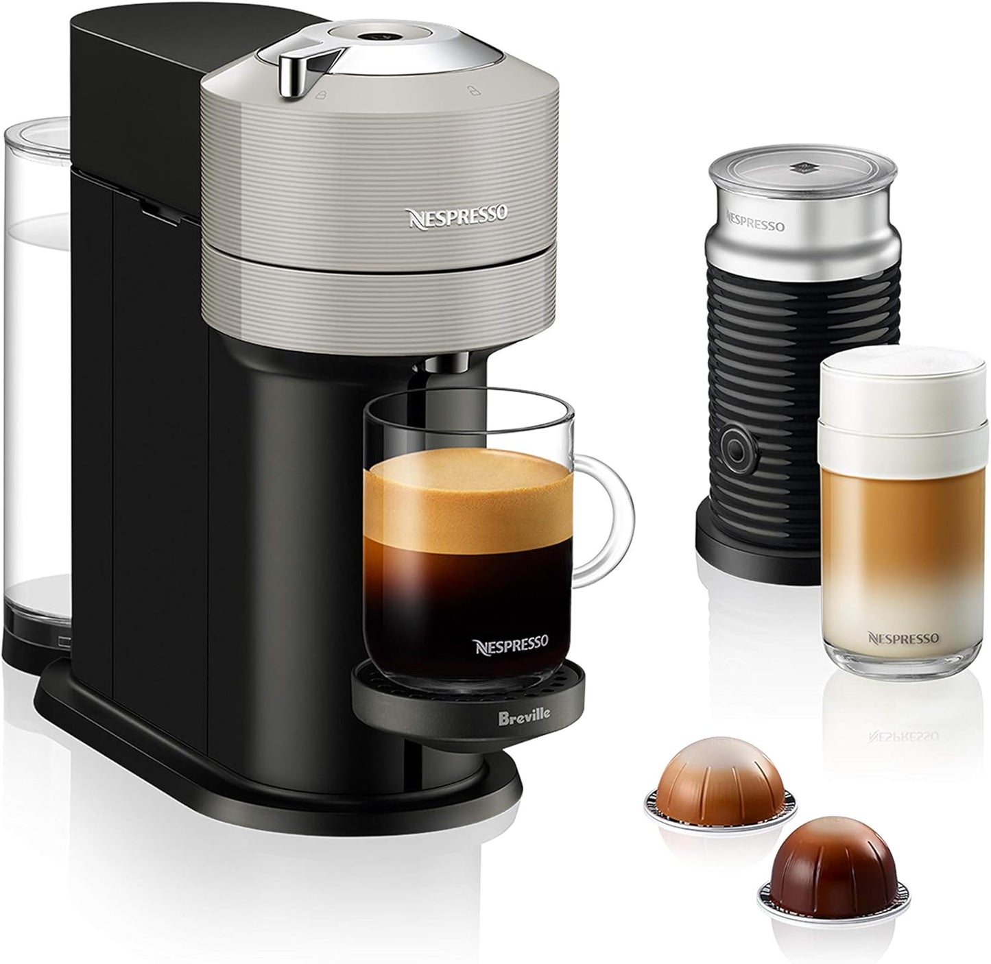 Nespresso Vertuo Next Coffee and Espresso Maker by Breville, with Aeroccino Milk Frother, Light Grey