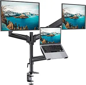 HUANUO Dual Monitor and Laptop Mount for Max 32 Monitor and 17 Laptop, Adjustable Arm with Tilt, Swivel and Rotation, Dual Monitor and Notebook Stand with VESA Bracket 75/100 mm