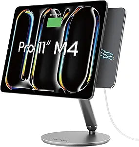 LULULOOK Magnetic Wireless Charging Stand for iPad Pro 11' M4 & M5, 360 Rotating Base with Anti-Slip Pad, Aluminium Alloy Foldable iPad Pro Stand Tablet Holder for Desk, USB C Cable Included