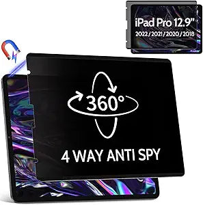 360 Magnetic Privacy Screen for iPad Pro 12.9 Inch 2018 2020 2021 2022, 4 Way Privacy Removable Anti Glare Blue Light Filter Shield Film Anti Spy Protector