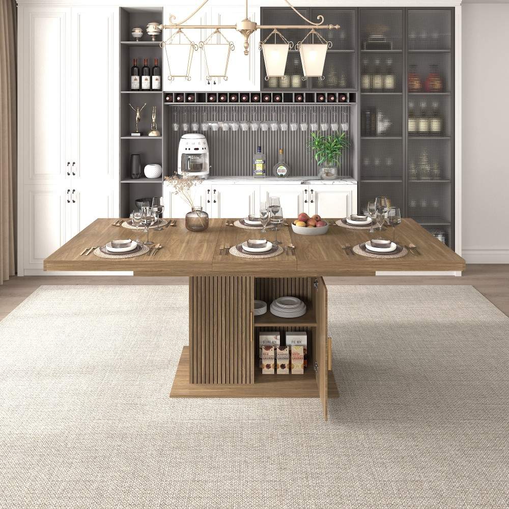 Coolbibila Modern Rectangular Black Brown Expandable Dining Table with Storage Cabinet for Kitchen Dining Room