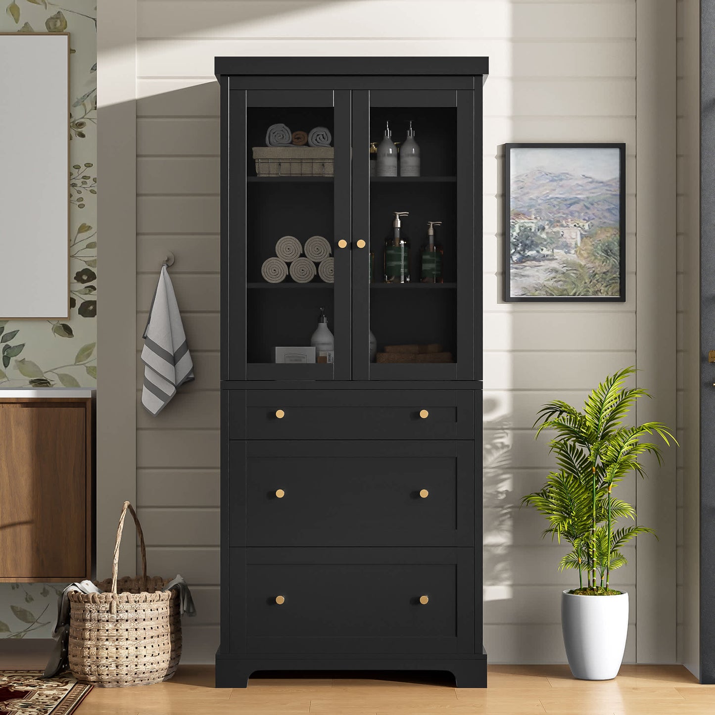 VERYKE Modern High Freestanding 3 Drawers Bathroom Cabinet with 2 Adjustable Shelves and Soft Close Glass Doors