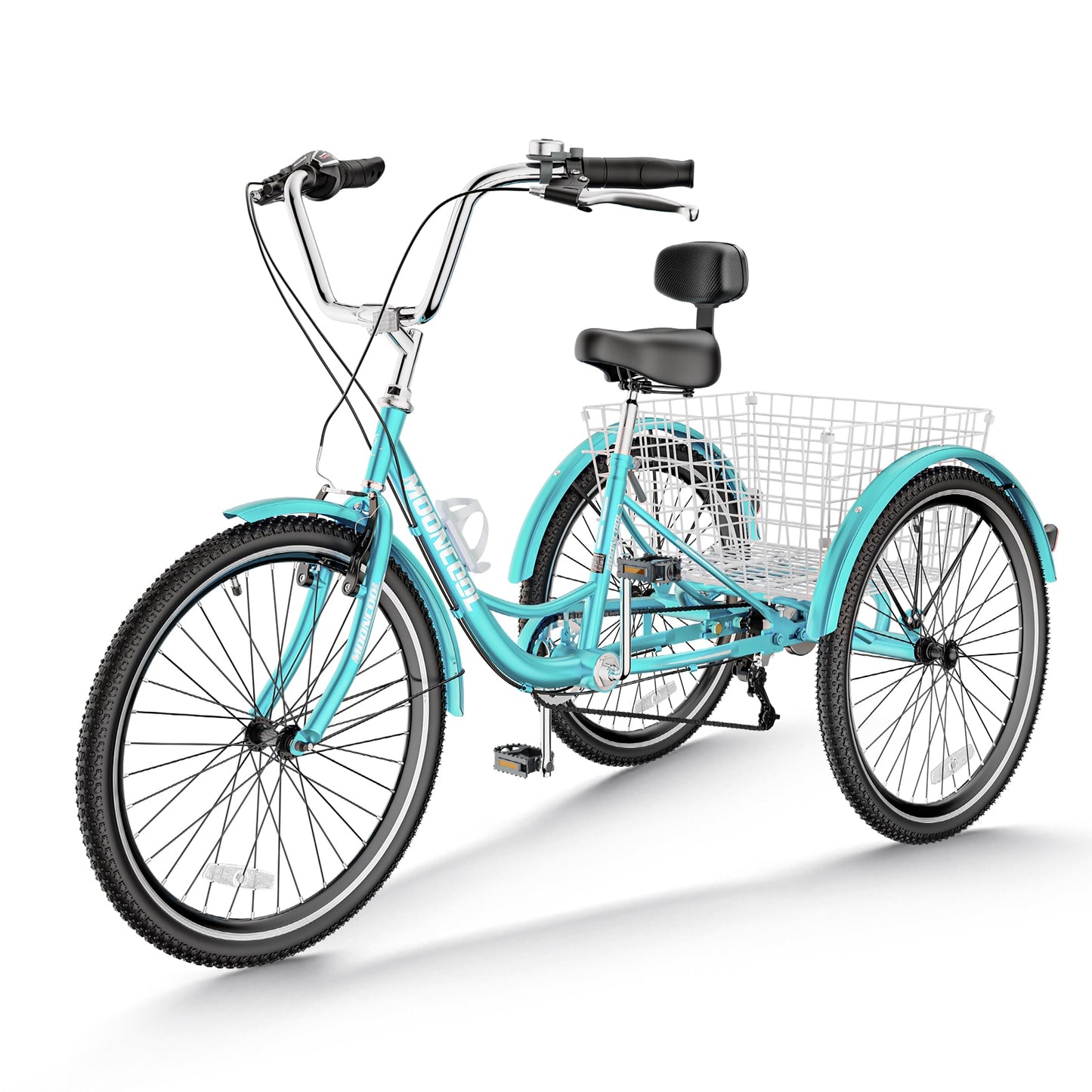 MOONCOOL 24 inch Adult Tricycles 3 Wheel 7 Speed Trikes with Basket Cyan