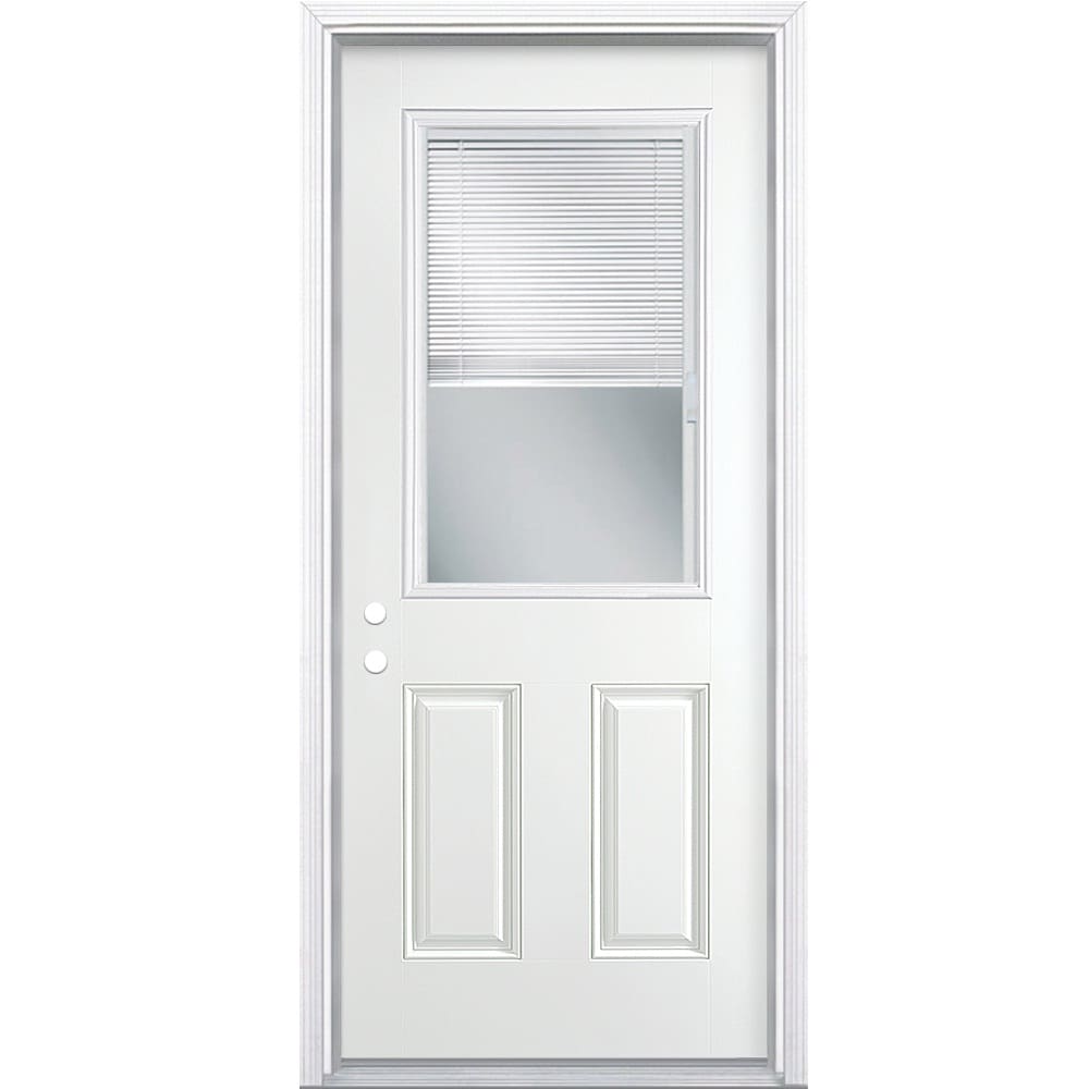 Masonite 30-in x 80-in x 4-9/16-in Steel Half lite Right-hand inswing Primed Prehung Front Door with Brickmould Insulating core with Blinds
