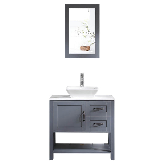 WELLFOR GY Freestanding Bathroom Vanity 30-in Gray Bathroom Vanity with Marble pattern Wood Top (Mirror Included)
