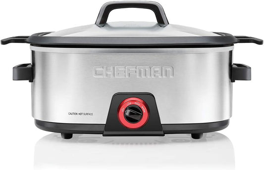 Chefman 6-Quart Slow Cooker, Electric Countertop Cooking, Stovetop & Oven-Safe Removable Insert for Browning & Saut ing, Family-Size Soups & Stews, Nonstick & Dishwasher-Safe Interior,Stainless Steel