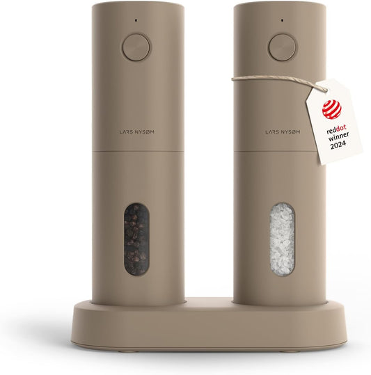 LARS NYS M Electric Salt and Pepper Grinder Set, USB Rechargeable, Automatic Salt and Pepper Mills, Spice Shakers Refillable with LED Light, Adjustable Coarseness, Ceramic Grinder (Taupe Brown)