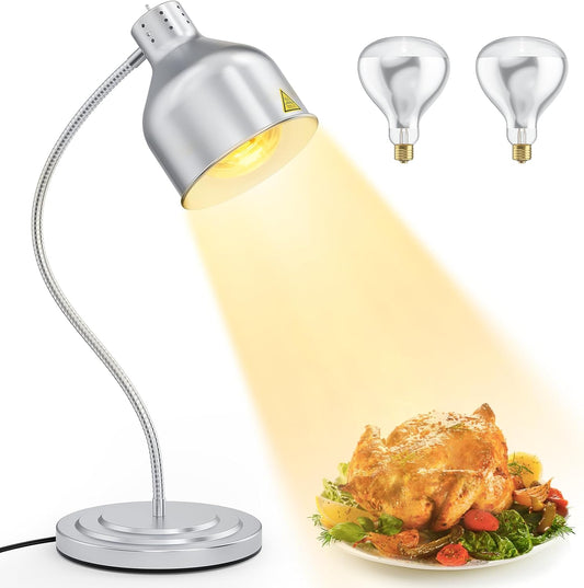 BOEASTER Food Heat Lamp, Single Head 250W Stainless Steel Commercial Food Warmer Lamp with 2 Bulbs, 360 Adjustable Portable Electric Warming Light for Restaurant Kitchen Buffet Counter Party Catering