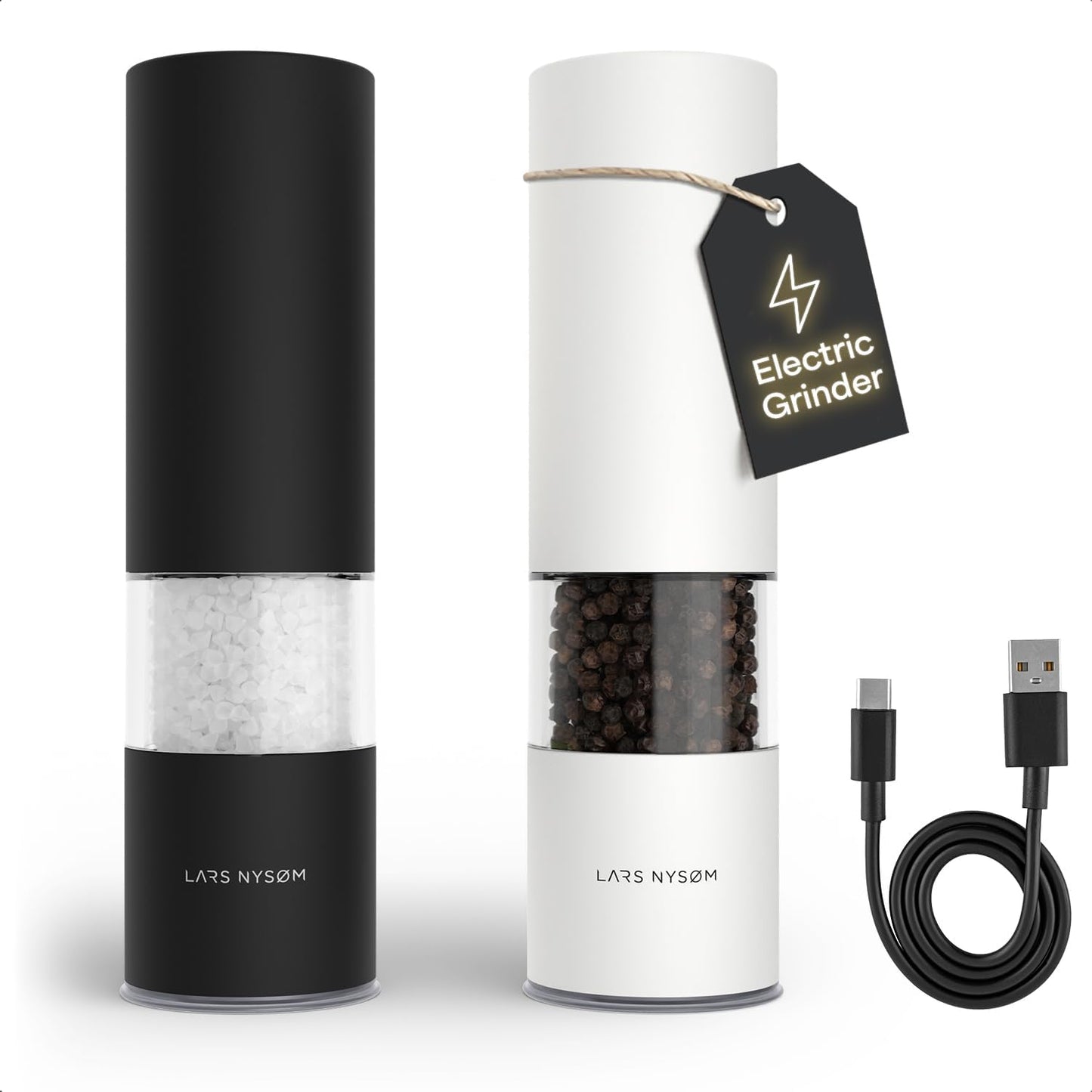 LARS NYS M Electric Salt and Pepper Grinder Set I Automatic Salt and Pepper Mills with Adjustable Ceramic Grinder I USB Rechargeable Electric Spice Mill Set with LED Light (Black\/White)