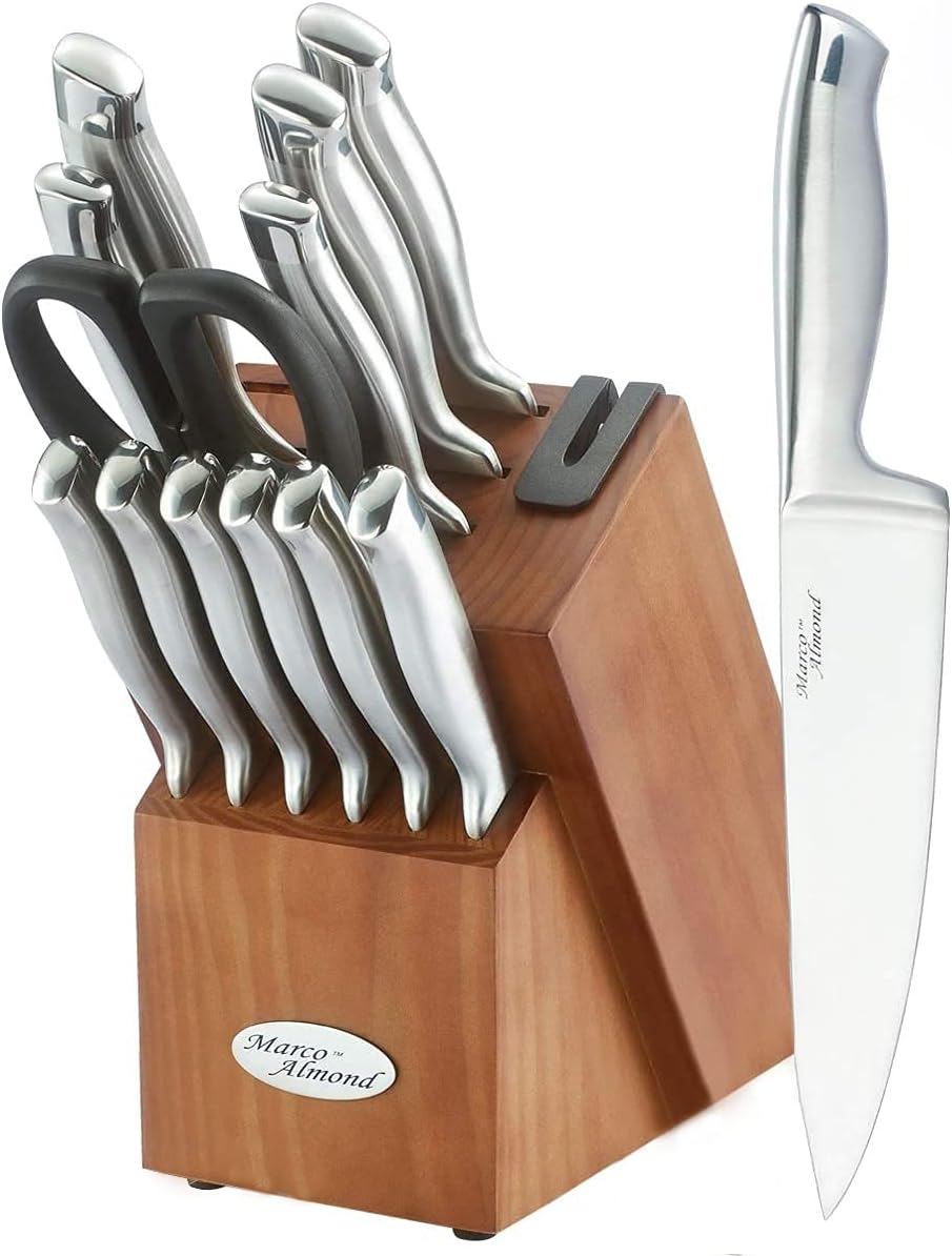Marco AlmondÂ® Knife Block Set, KYA26 Knife Set with Block, 14 Pieces Stainless Steel Chef Kitchen Knives with Built-in Sharpener