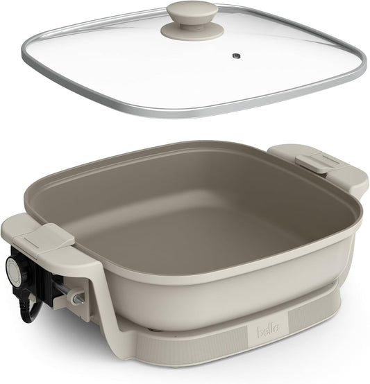 bella 12 Make & Take Electric Skillet with EverGood Ceramic Nonstick Coating, Adjustable Temperature, Dishwasher-Safe Glass Lid, Oatmilk