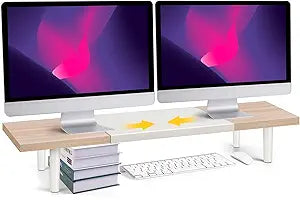 Dual-Monitor-Stand-Riser-For-Desk Adjustable Length 32-40 Inch Large Desktop Computer Monitor Riser For 2 Screens Desk Shelf Organizer Riser Stand For Computer/Laptop/PC/Printer/TV Maple