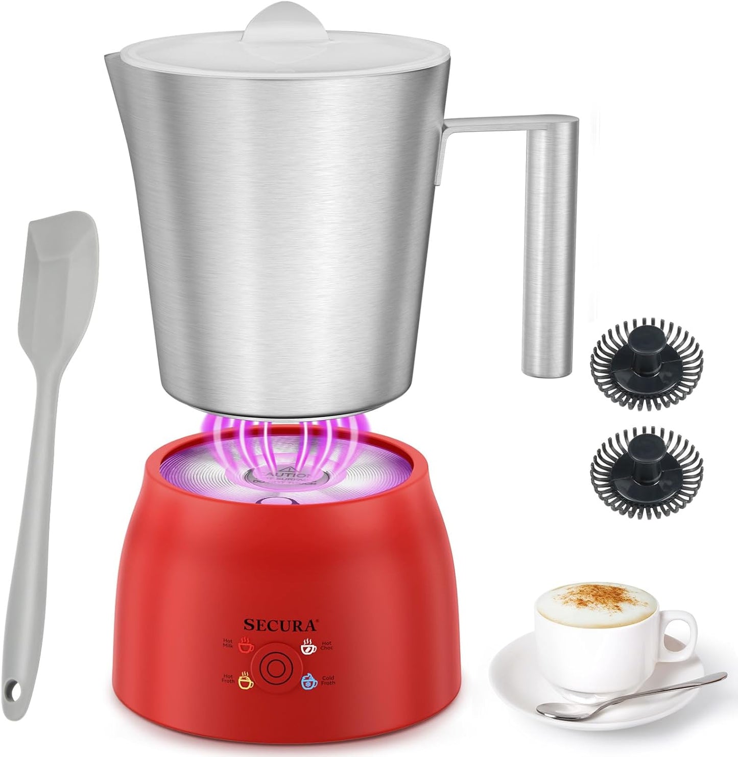 Secura Detachable Milk Frother and Steamer, 17 oz Electric Milk Warmer, 4-in-1 Hot\/Cold Foam Maker, Teflon-Free Stainless Steel Jug, Dishwasher Safe for Latte, Macchiato, Hot Chocolate (Red)