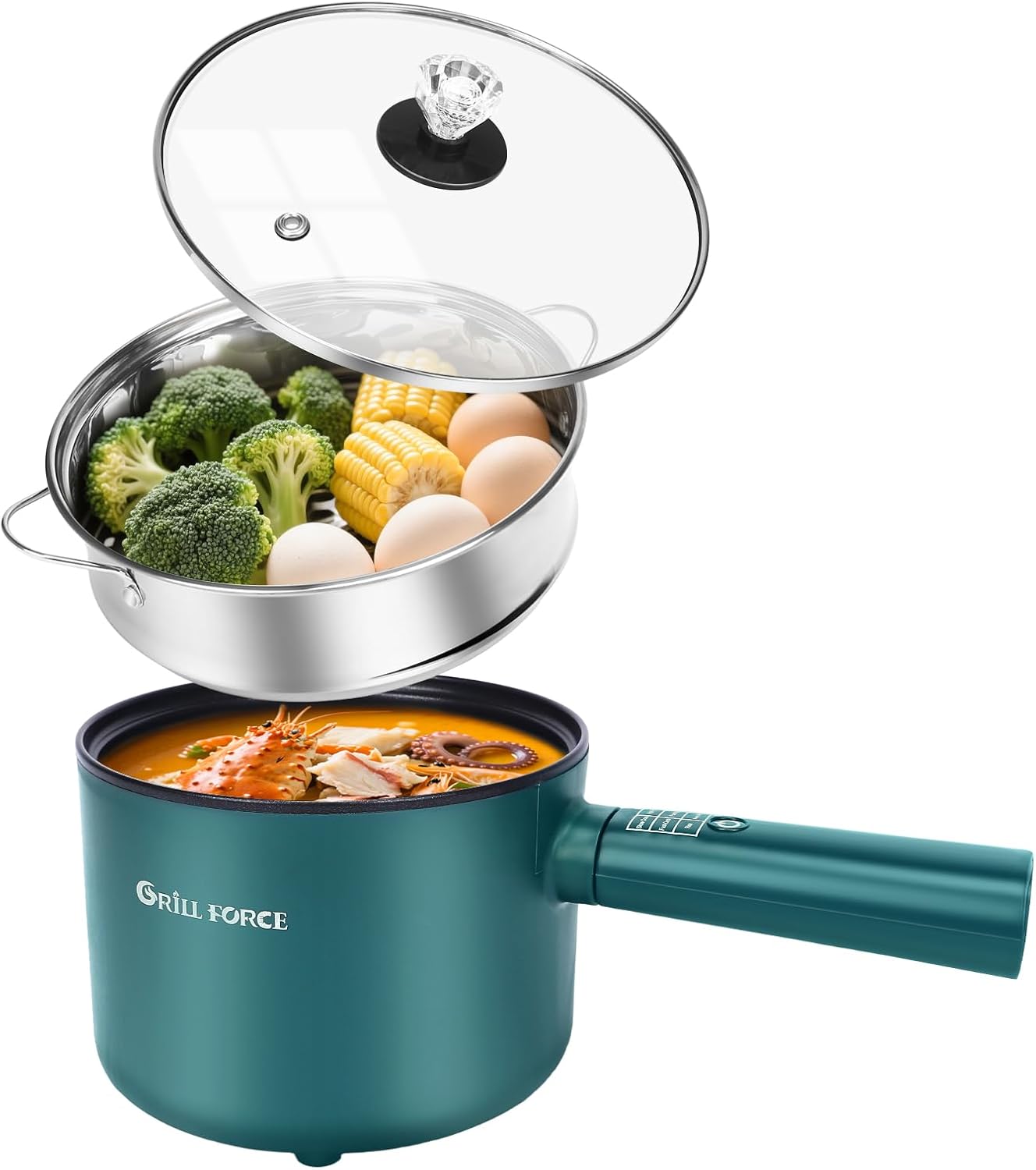 GRILL FORCE Hot Pot Electric with Steamer,6 Smart Modes, 1.8L Ramen Cooker, Portable Cooker, Non-Stick Frying Pan, Saut Pan, Electric Pot for Pasta, Egg, Steak, BPA Free, College Dorm Room Essential