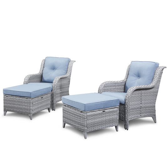 Rilyson Curved handrail Set of 2 Wicker Light Gray Steel Frame Stationary Conversation Chair with Blue Light blue Cushioned Seat