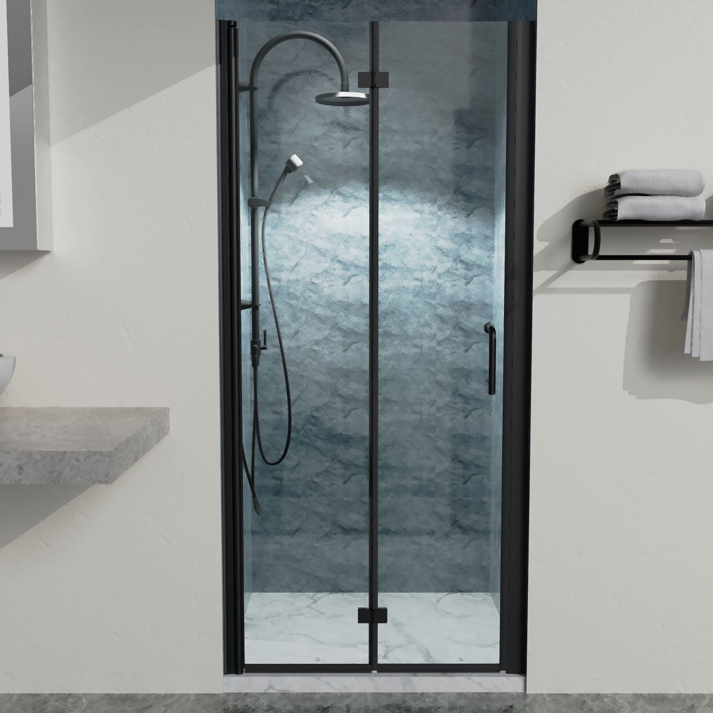 Lordear Matte Black 34-in to 35-3/8-in W x 72-in H Frameless Clear Glass Bifold Shower door