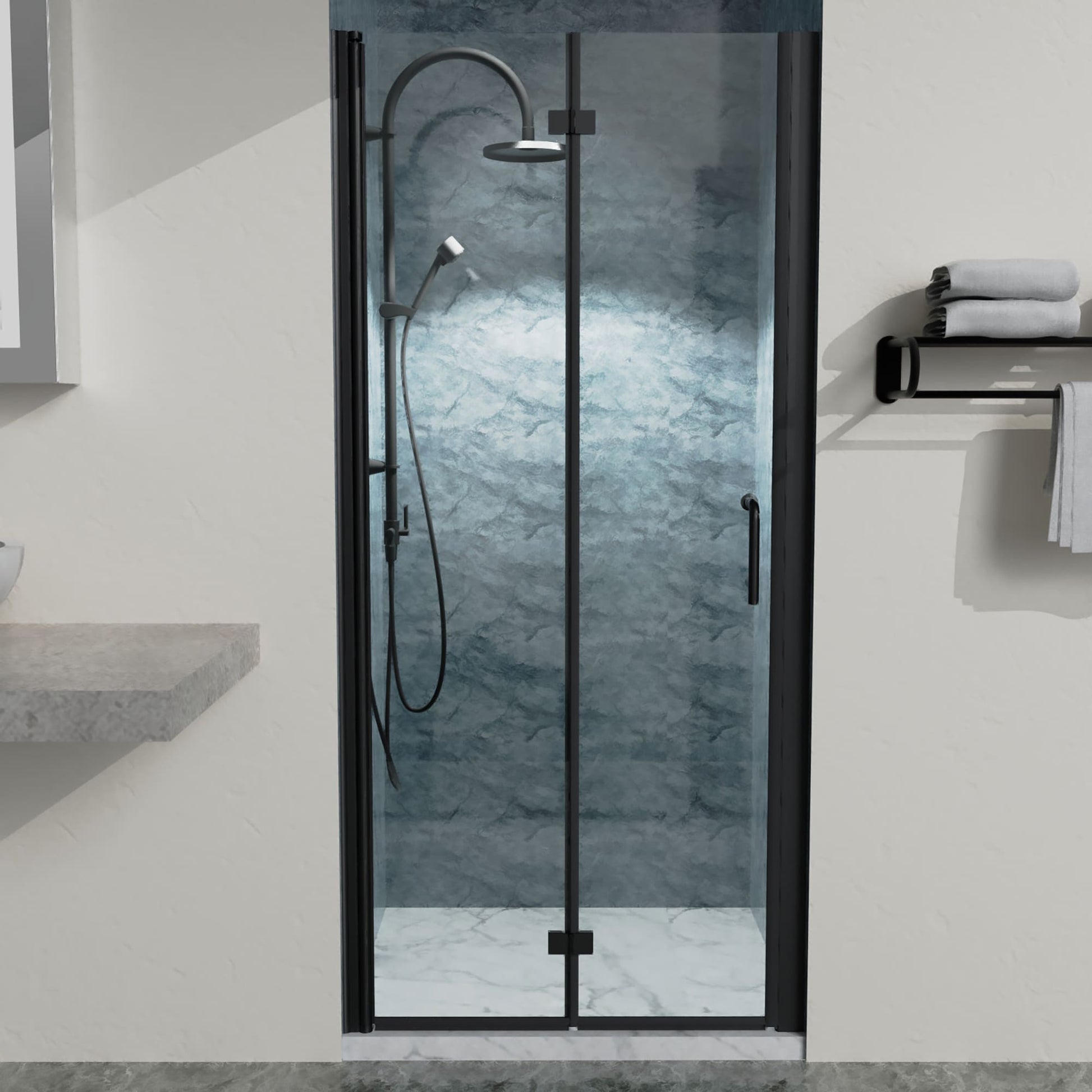 Lordear Matte Black 34-in to 35-3/8-in W x 72-in H Frameless Clear Glass Bifold Shower door