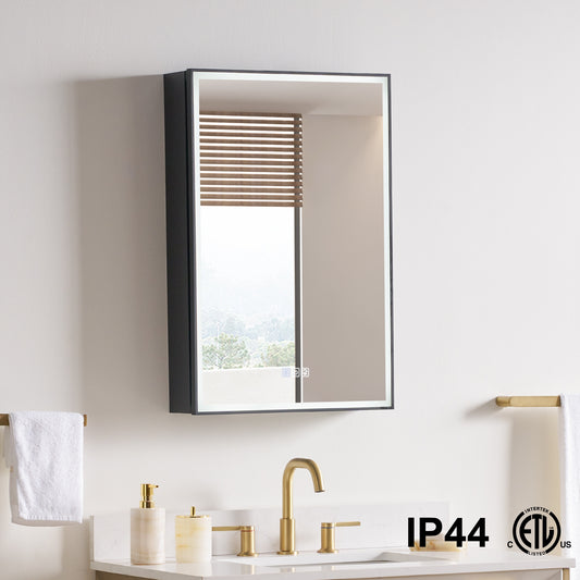 WELLFOR AYLA 20-in x 30-in Lighted LED Fog Free Surface/Recessed Mount Black Rectangle Soft Close Medicine Cabinet with Outlet