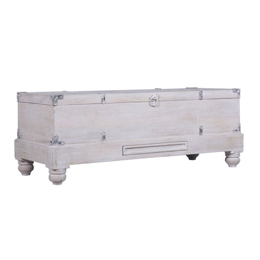 Maven Lane Nerio Handmade Heritage Large Wooden Storage Bench with Hinged Lid for Indoor Entryway or Coffee Table Trunk in Distressed White Finish
