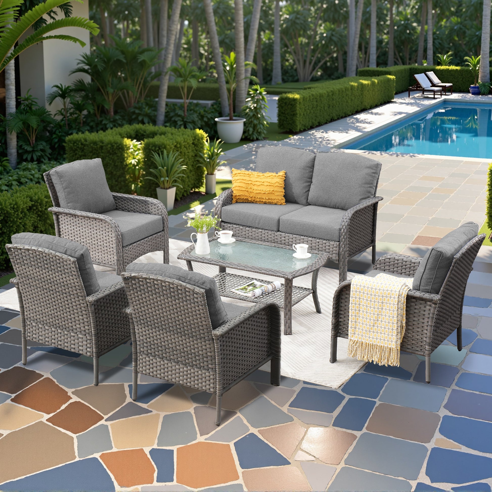 weaxty Initial 6 -Piece Rattan Patio Conversation Set with Gray Cushions