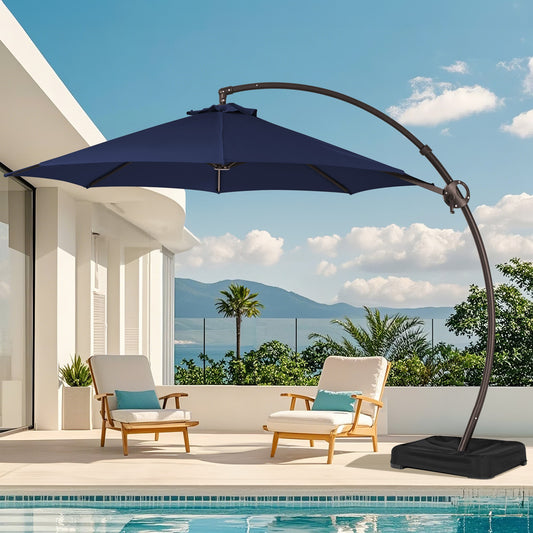 JEAREY 10-ft Aluminum Navy Crank Cantilever Patio Umbrella with Base
