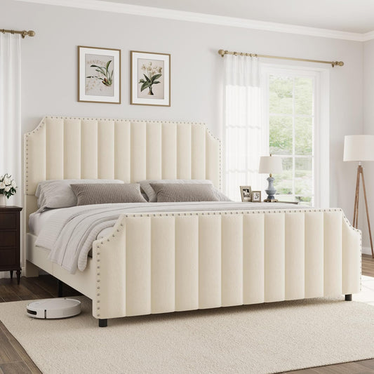 Qeetex King Size Platform Bed Frame with 50inch Headboard Velvet Upholstered Bed Frame King with Vertical Channel Tufted Headboard and Footboard Nailhead Trim No Box Spring Needed Beige
