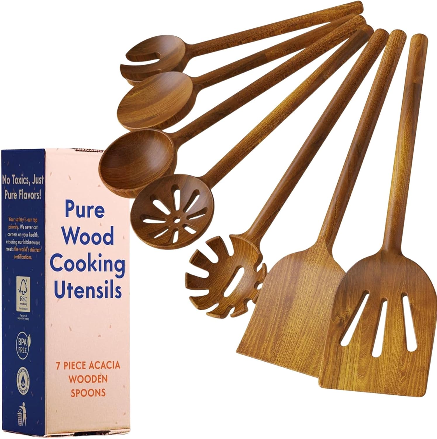 Non-Toxic Wooden Spoons for Cookingâ€“ 7-Piece Kitchen Utensils Set, Glue-Free & One-Piece Cooking Utensils, Natural Wooden Utensil Set with Plant-Based Finish, Free of Forever Chemicals