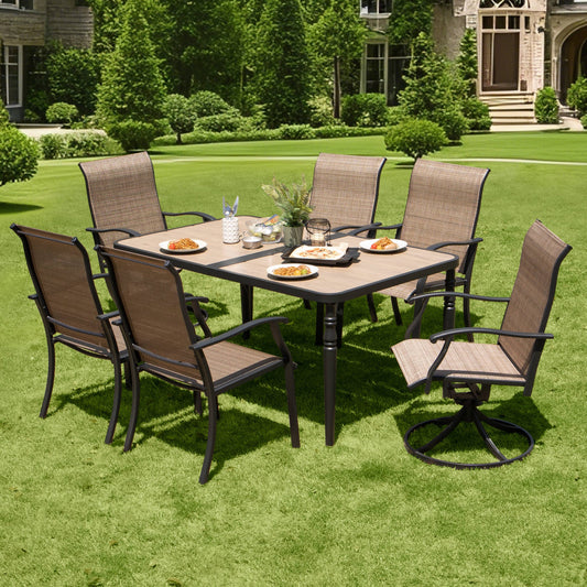 Nuu Garden 7 -Piece Black Patio Dining Set Iron Rectangle Table with 6 Brown Stationary and Motion Chairs