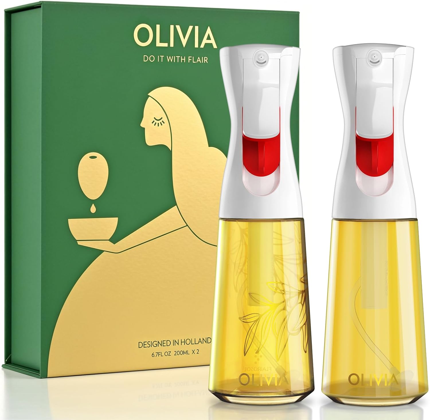 FLAIROSOL OLIVIA Oil Sprayer for Cooking, 2 Pack 200ML Glass Olive Oil Sprayer, Continuous Cooking Spray Dispenser with Portion Control for Kitchen Air Fryer, Salad, BBQ, White