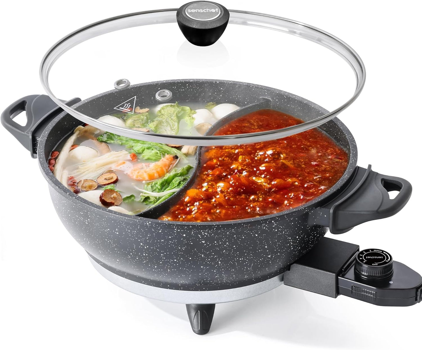 SENSCHEF TWIN Electric Hot Pot with Divider | EvenHeat Cast Aluminum Non-Stick Pot for No-Spot Cooking | 1500W Fast Heating | Dual-Flavor Shabu Shabu Pot for | 1-Yr Warranty | Granite Black