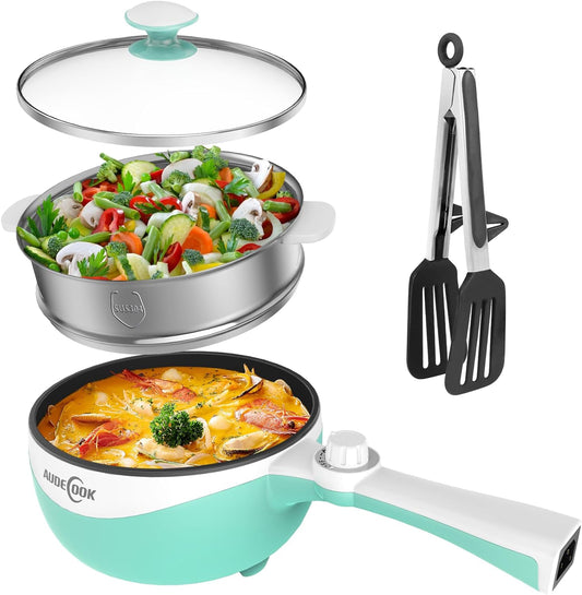 Audecook Hot Pot Electric, 1.7L Mini Electric Skillet Portable Nonstick Saut Pan with Power Adjustment, Ramen Cooker Travel Multicooker for Steak\/Soup\/Egg\/Oatmeal\/Noodles (Tongs for Cooking Included)