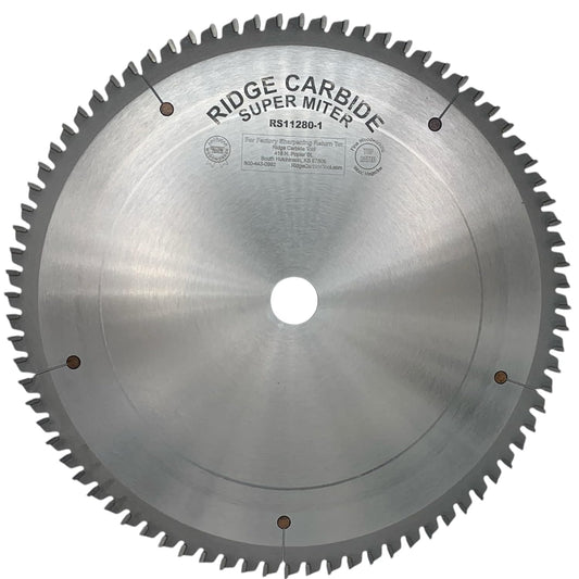 Ridge Carbide 12" 80T,Super Miter Saw Blade, Alternate Raker Grind (4+1),-2Â° Hook, 1" Bore, Plate Thickness .095", Full Kerf (0.125") for Cutting Wood and Sheet Goods