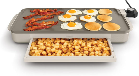 bella 10' x 20' Electric Griddle with Warming Tray, EverGood Ceramic Nonstick Coating & Removable Temperature Probe, Dishwasher-Safe Drip Tray & Cool Touch Handles, 1500 Watt, Oatmilk