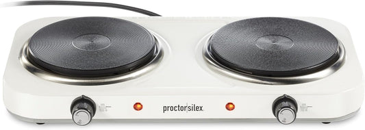 Proctor Silex Portable Electric Stove, Cast Iron Double Burner Cooktop, Compact, Adjustable Temperature Hot Plate, 1700 Watts, White (34117)