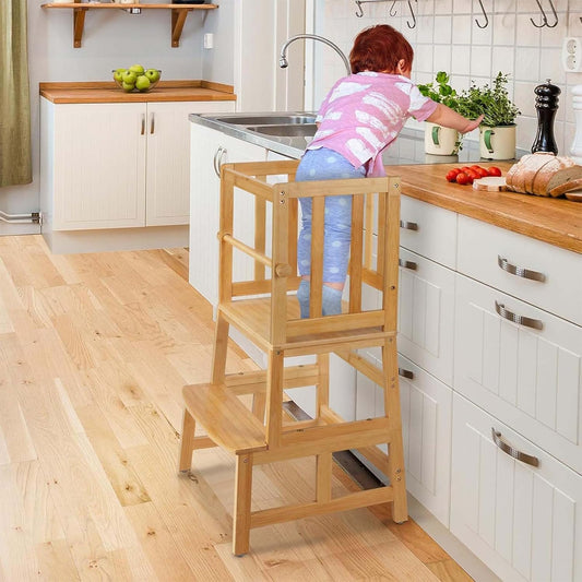 COSYLAND Kids Kitchen Step Stoolï¼ŒToddler Standing Tower with CPC Certification, Removable Anti-Drop Railing Safety Rail Enjoys Unique Patented Design A Anti-tip Structure More Stable, Natural Bamboo