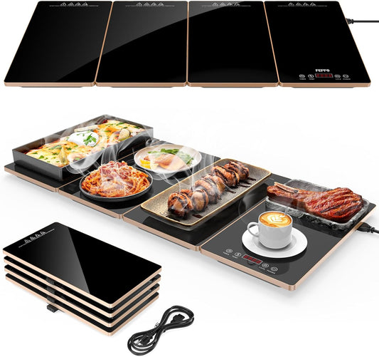 FEPPO Electric Warming Tray, 4-in-1 Food Warmers for Parties Buffet with 10 Temp Settings and Timer, 33'x15' Glass Surface Warming Mat for Food, Modular Buffet Hot Plates for Catering and Gatherings