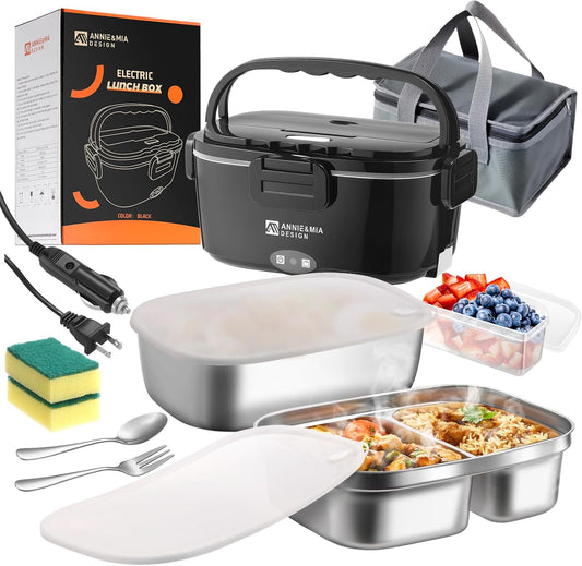 Annie & Mia Design 50-Ounce Electric Lunch Box for Adults, Dual Container Portable Food WarmerHeated Lunch Box, Home\/Car\/Office\/Truck Use, Lonchera El ctrica Port til (black, 1.5L Dual Container)