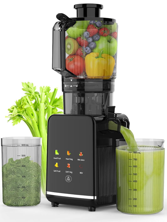 Cold Press Juicer, 4.35' Large Feed Chute Electric Juicer Machine High Juice Yield Slow Masticating Juicer for Whole Vegetables & Fruits, Easy Assemble & Cleaning