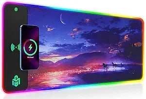 GIM Wireless Charging RGB Gaming Mouse Pad 15W, LED Mouse Mat 800x300x4MM, 10 Light Modes Extra Large Mousepad Non-Slip Rubber Base Computer Keyboard Mat for Gaming, MacBook, PC, Laptop, Desk Sunset