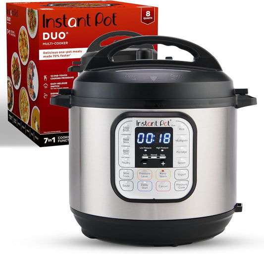 Instant Pot Duo 7-in-1 Electric Pressure Cooker, Slow Cooker, Rice Cooker, Steamer, SautÃ©, Yogurt Maker, Warmer & Sterilizer, Includes App With Over 800 Recipes, Stainless Steel, 8 Quart