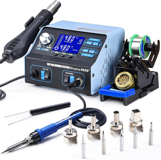 Preciva 992D+ 2-in-1 Soldering & Hot Air Rework Station with LCD, Memory Presets, Sleep, Calibration | Includes Soldering Iron, Hot Air Gun, 5 Tips, 4 Nozzles, IC Tools, Solder Wire | Â°C/ÂºF