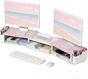 OPNICE Wood Desk Organizers and Accessories, Dual Monitor Stand Riser with Drawer and 2 Pen Holders, Desk Shelf Computer Racks for Office Workspace Organizers, Desktop Organization (Pink White)