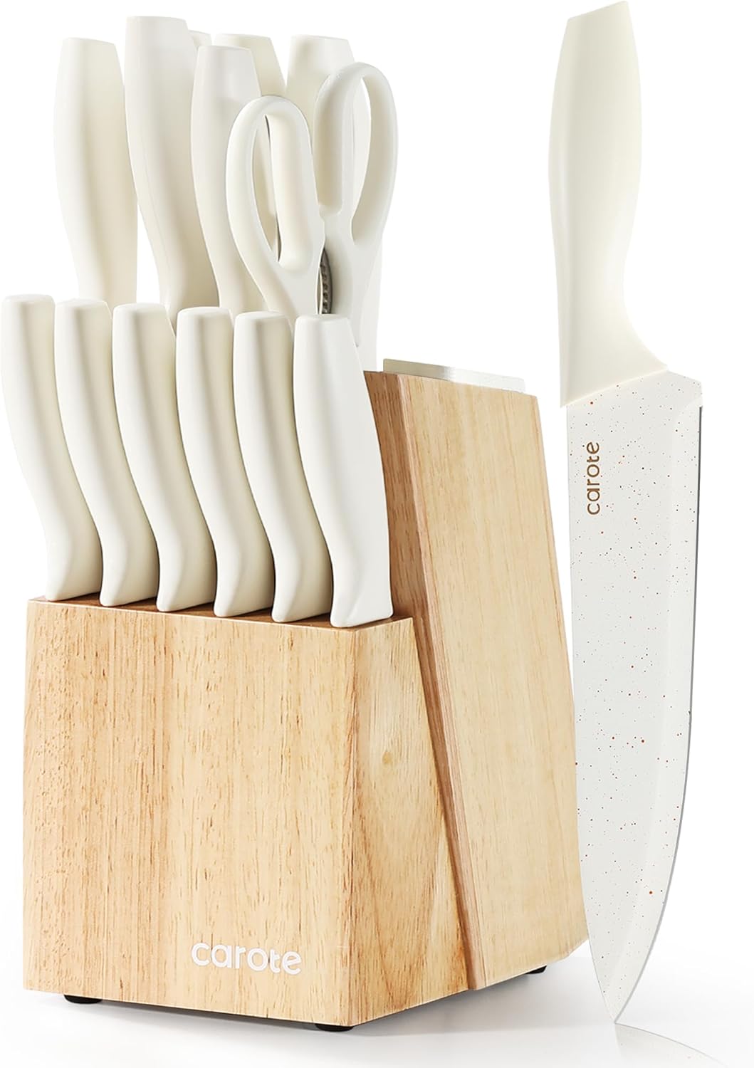 CAROTE 15Piece Knife Set, Kitchen Knife Block Set, Elegant White Ceramic-Coated Blades with Stylish Wooden Block for Modern Culinary Excellence