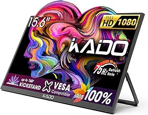 Kado Portable Monitor 15.6'' FHD 1080p, 75Hz 100% sRGB Ultra-Slim Laptop Monitor 1920x1080, IPS Display 45W Reverse Charging 180 Kickstand for PC, Mac, Phone, Xbox, PS5, USB-C & HDMI Connectivity