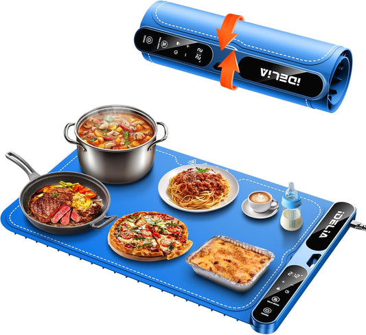 Food Warming Mat Electric Heating - Portable Silicone Warming Tray with 7 Temperature Settings and 8 Hours Timer for Party Buffet Home Travel Kitchen (23.6'x15',Blue)