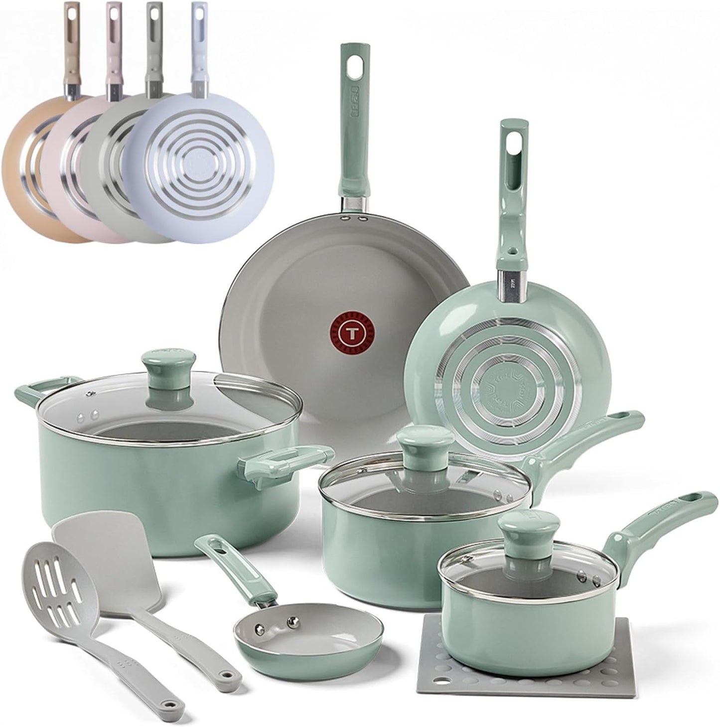 T-Fal Refresh Ceramic Nonstick Cookware Set, Oven Safe Up to 350ÂºF, 12-Piece, Includes Stockpot, Griddle, Frying Pans, Utensils, Ceramic Pots and Pans Set, Mint Green