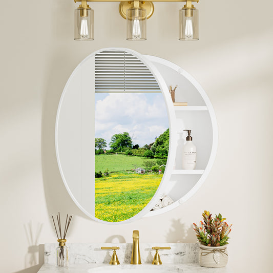 Keonjinn Round Medicine Cabinet Mirrors 30-in x 30-in Surface Mount White Mirrored Round Soft Close Medicine Cabinet
